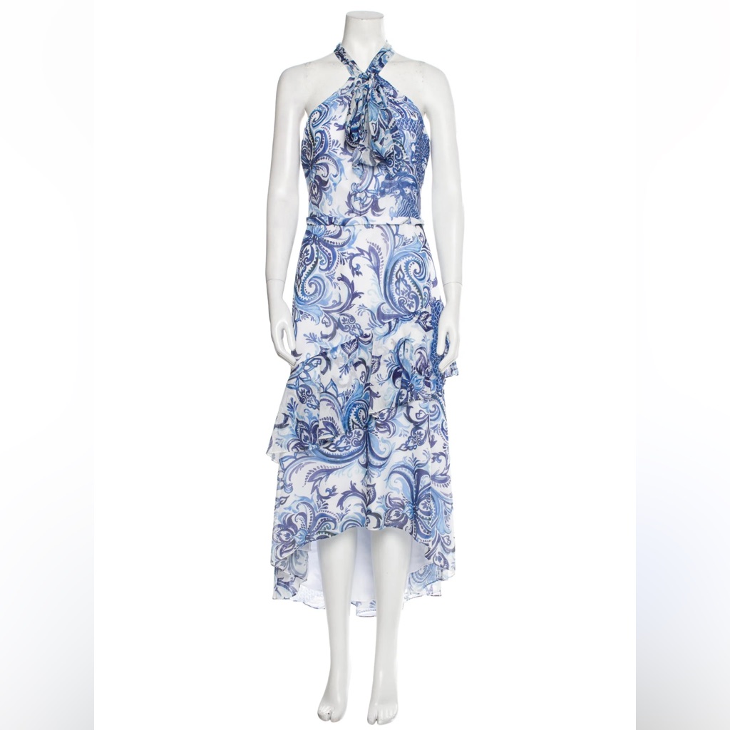 Theia Blue White Halter Neck Maxi Tiered Dress, Size Us 6